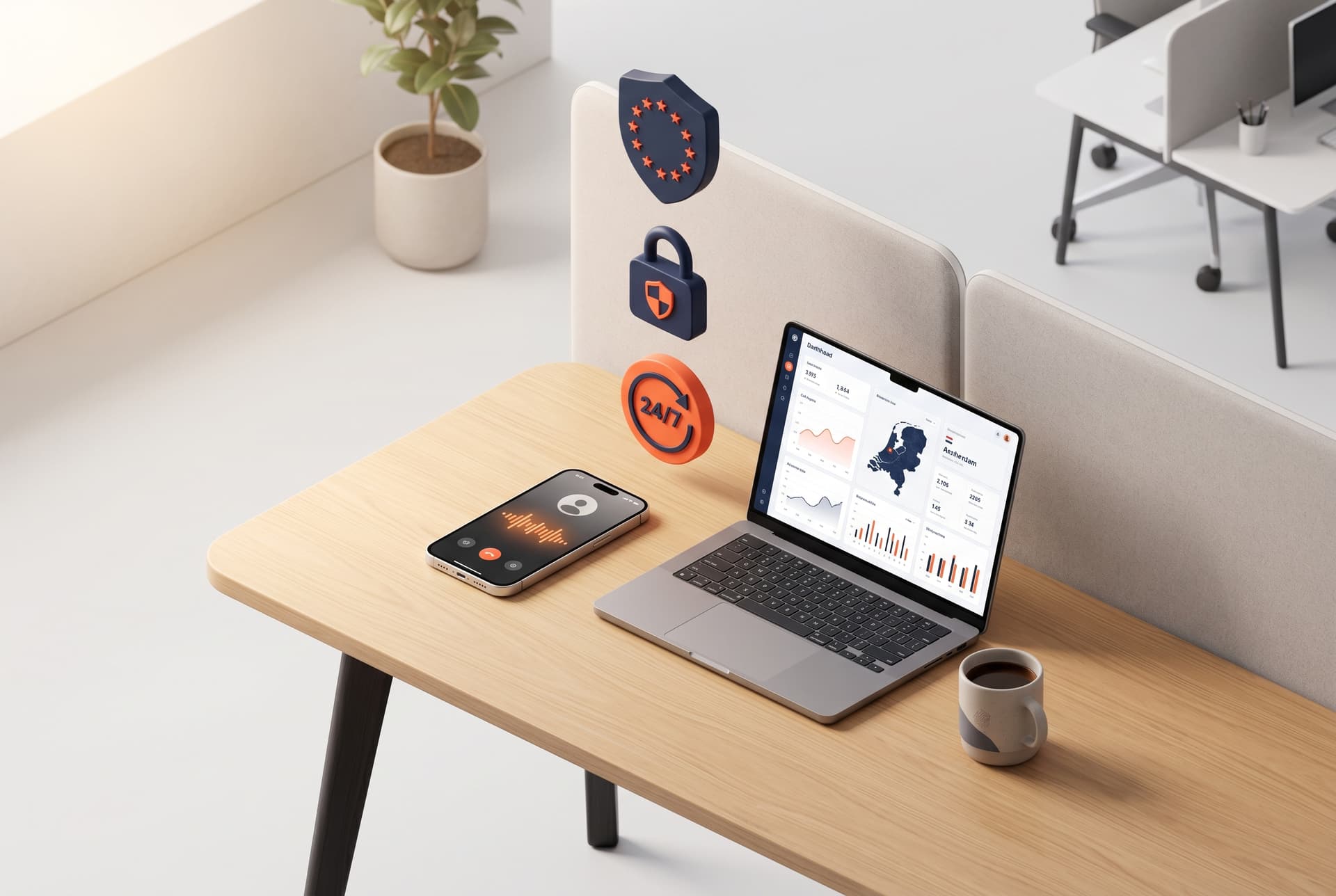 Modern kantoor met AI-dashboard, EU-schild en privacy-badges